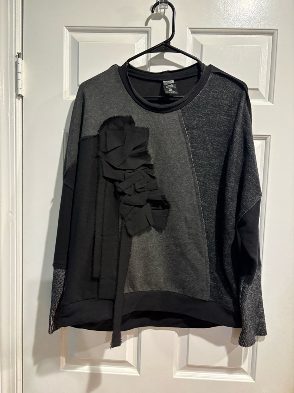 Crea European asymmetrical patchwork ruffle sweatshirt top black gray sz M